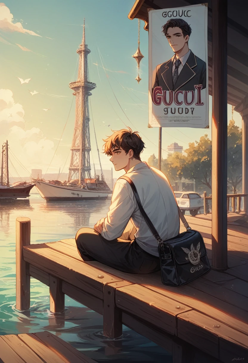 a close-up of a person sitting on a pier with a bag, intricate abstract. gucci style, gucci poster, “cg society 4k”,