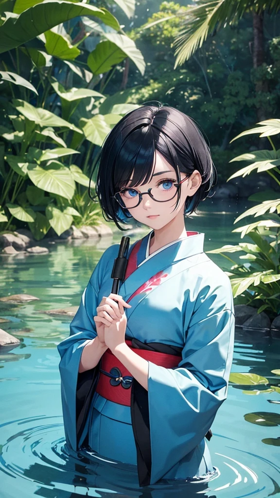 Make a character with short black hair, blue colored eyes,with a kimono half blue with green,in a lake next to sea plants,the night, manipulating water with one hand, Rectangular red glasses