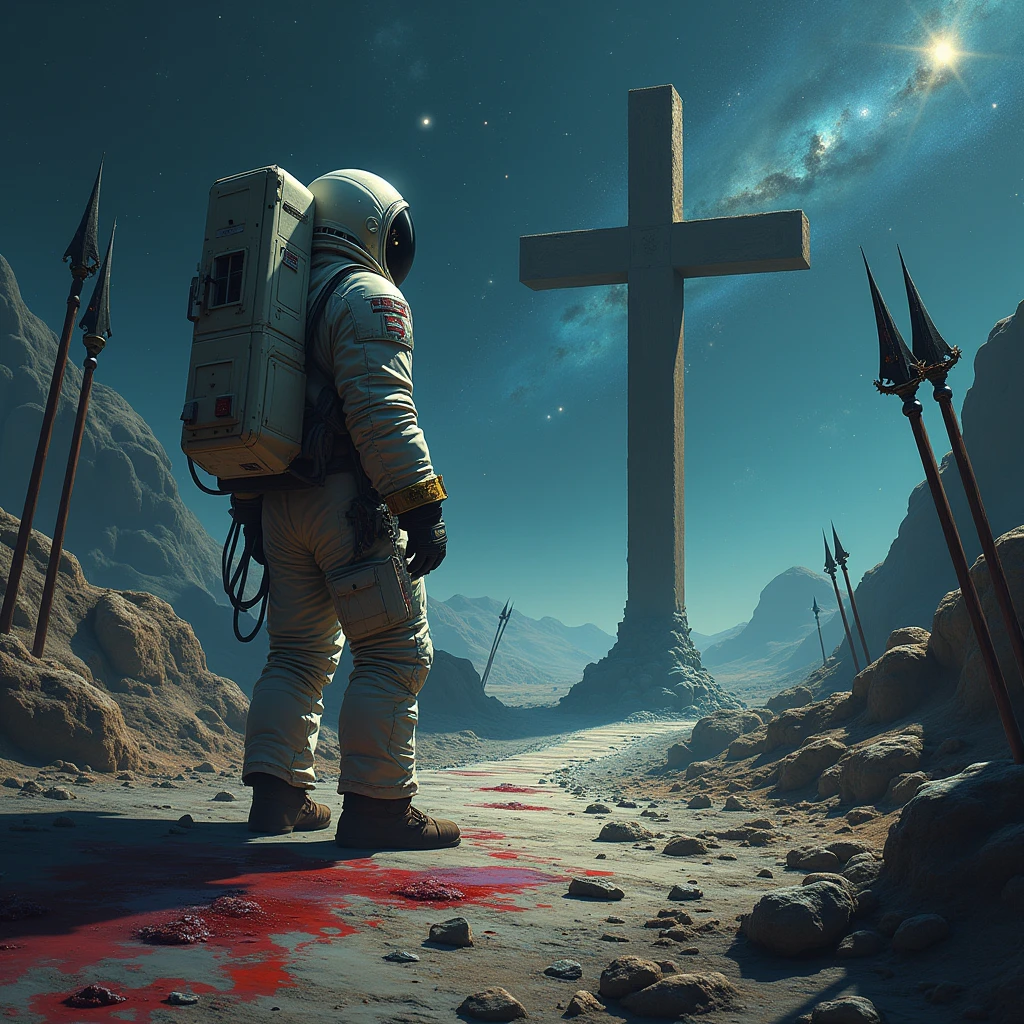 in outer space, stars , galaxies , planets , a rocky road with drops of blood, spears stuck in the ground, a tunic thrown on the floor, A crown of thorns on the floor and at the end of the road a cross , an astronaut 