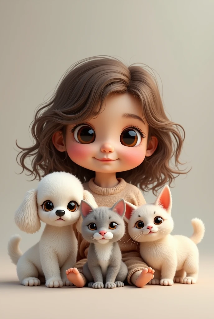 (First put a 2 girl with brown wavy hair combed to one side, slightly broad forehead and large brown eyes, Medium mouth with the lower lip slightly larger than the upper lip, chubby with slightly pink cheeks and short neck, with a wide texture; Second, put a white but flat poodle with ears that go from white to very light brown.; Third, put a light gray cat with white that goes from the eyes like a line and expands throughout the snout., with a pink nose and not so clear green eyes; Fourth, put a small, short-haired, white Chihuahua with only one eye and a brown circle around the eye.