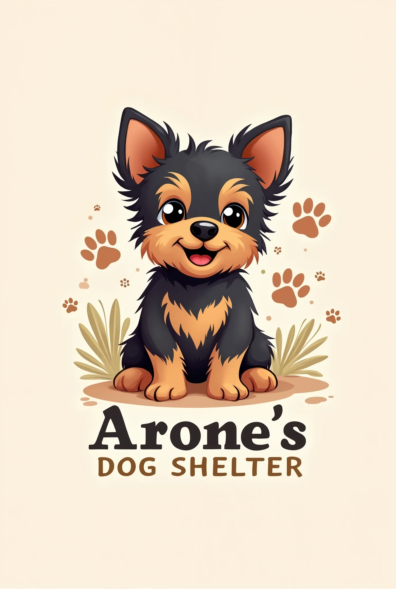 A logo of a cute black and tan yorkie for a dog shelter named "Arone's Dog shelter"