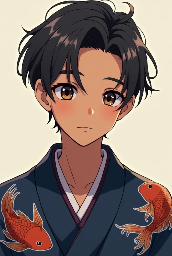 Male character Teenager with brown skin, wearing dark blue kimono with goldfish print, with your hair back, dark brown eyes, anime styling