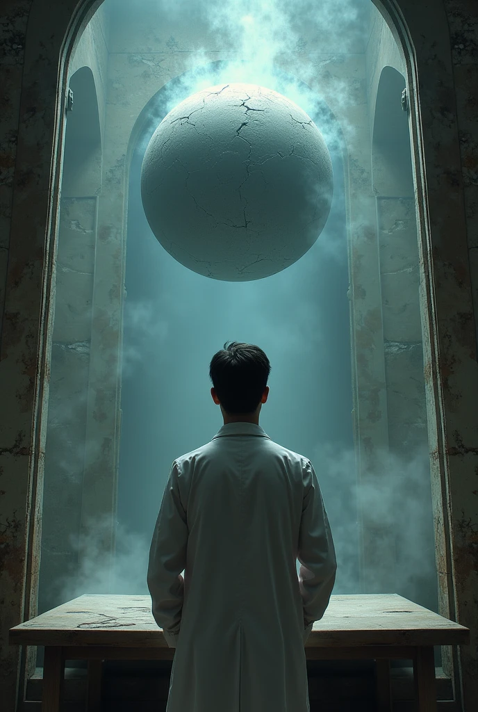 A scientist from behind looking at a glass window where there is a cracked gray round ball floating on a table that flickers and the walls look cracked