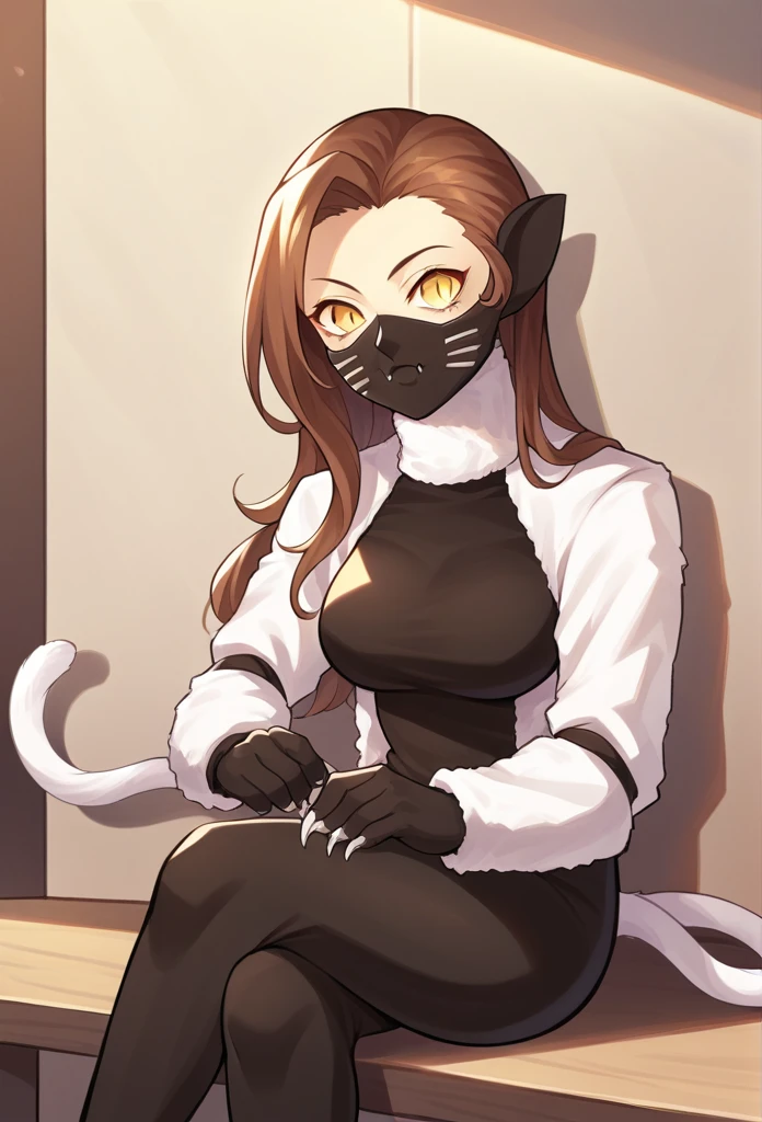 score_9, score_8_up, score_7_up, source_anime BREAK 1girl, solo,
 nekomatasmt, brown hair, long hair, yellow eyes, slit eyes, cat tail, animal ears, claws, face mask, bodysuit, bolero, 
cowboy shot, night club, indoors, dark, sitting, 