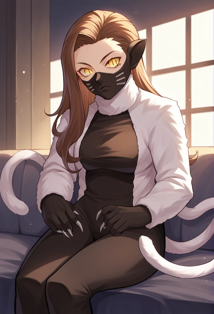 score_9, score_8_up, score_7_up, source_anime BREAK 1girl, solo,
 nekomatasmt, brown hair, long hair, yellow eyes, slit eyes, cat tail, animal ears, claws, face mask, bodysuit, bolero, 
cowboy shot, night club, indoors, dark, sitting, 