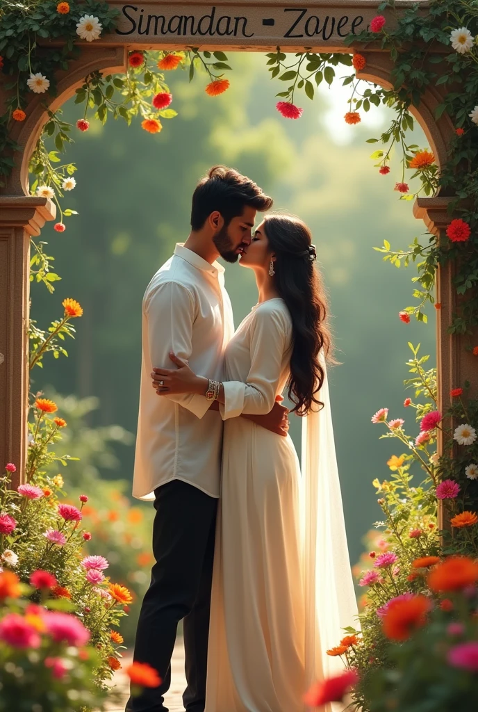 a Pakistani beautiful girl, sitting with his stylish young boyfriend on garden, wearing desi white dress , lips kisses and hugs, a beautiful flowers in the garden on background, Sikandar & Zoya name written in frame on background