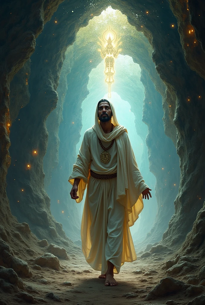 Uma era of kaliyuga, a krsna devotee serving the lotus feet of Sri Caitanya Mahaprabhu passing through a tunnel of darkness and light