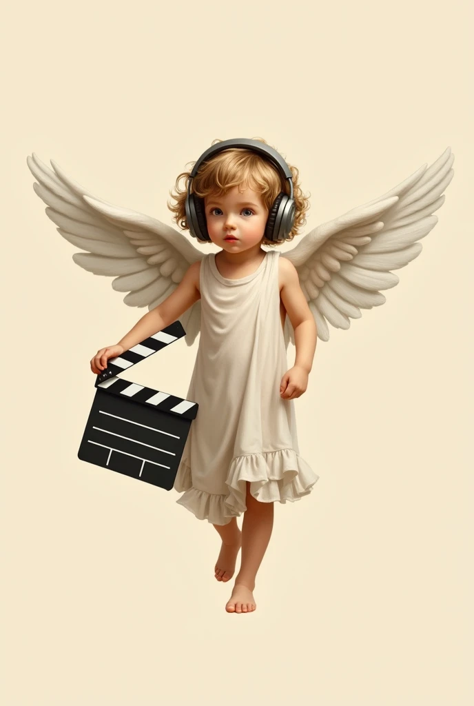 Painting of an Angel, simple,
how from a renaissance painting.
This little angel is listening to music with headphones and has a clapperboard