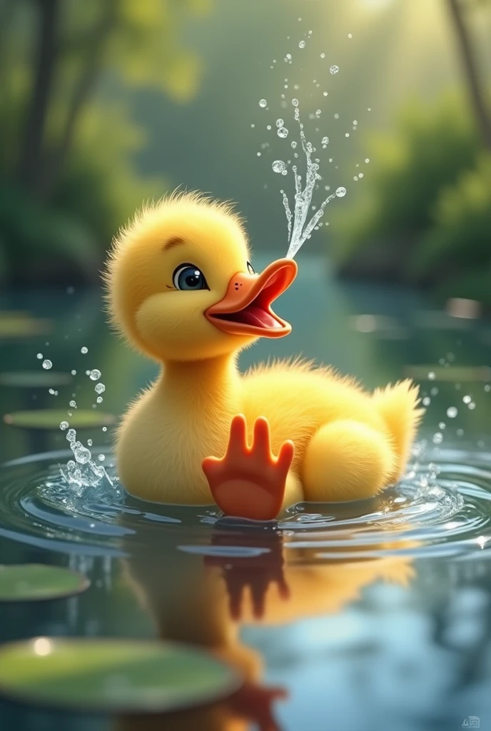 generate an image of a duckling in profile in the pond, he is spitting water from his beak upwards