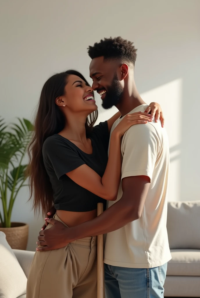 A beautiful African woman with long straight hair wearing a black bum short  and a white shirt happily hugging her handsome African husband who is holding a broom looking tired but still smiling happily  in a living room painted white 