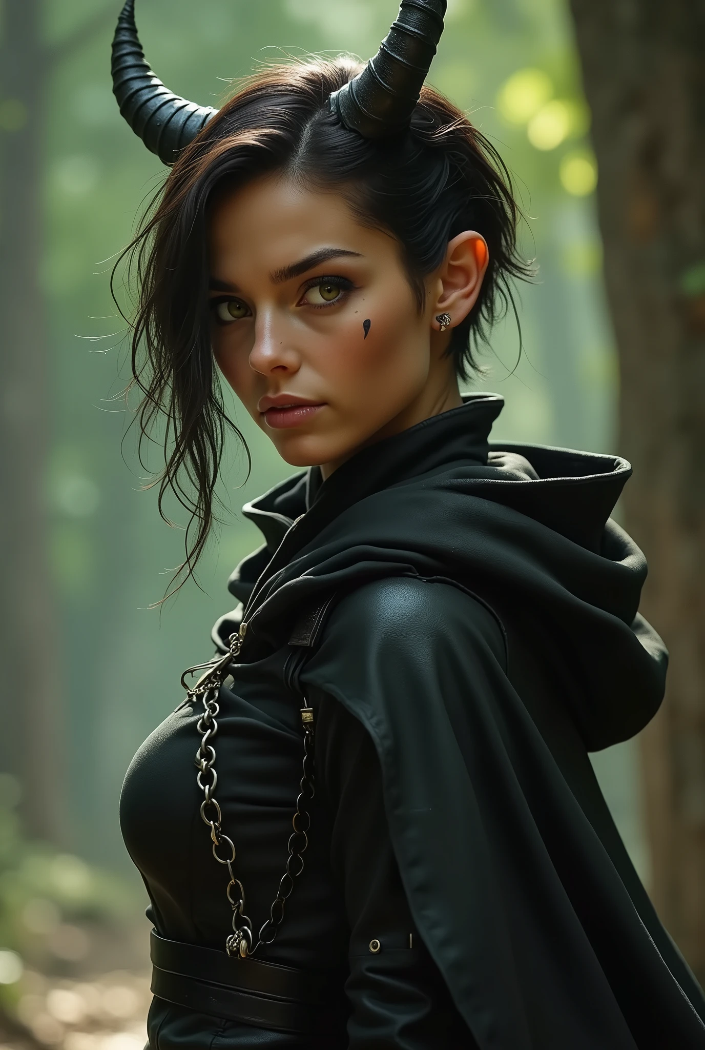 a female tan-skinned tiefling rogue, with a warm, shimmering tone that seems to capture the light subtly, accentuating his striking features. His eyes are a piercing green, with vertical pupils like those of a reptile, shining with cunning and a touch of mystery. When she smiles, what is rare, small fangs stand out, suggesting both charm and danger. your hair is short, smooth ass, cut shorter on the sides and a dark brown shade, almost black, that contrasts beautifully with your skin. Its horns are thin and elegant, bending back slightly, with a smooth texture and a subtle shine, almost as if they were carved from the finest ivory. The face is angular and graceful, with high cheekbones and a well-defined jawline. Her arched eyebrows give her a naturally intriguing expression., as if he were always about to discover or hide something. Small scars, almost imperceptible, mark her face She wears light, fitted clothes, made of black and flexible leather, designed for maximum mobility and silence. A dark cloak, almost indistinguishable in the shadows, wraps around your shoulders, your hands, thin and agile, are almost always covered by dark gloves that hide their sharp claws. no belt, carries a collection of well-balanced daggers and thieves' tools, including hooks, master keys and poison vials. A discreet belt pouch keeps your valuables and secrets safe. a long, slender tail