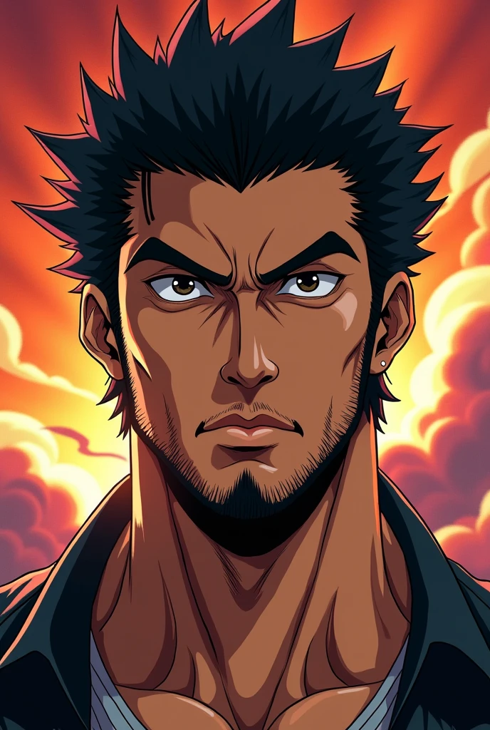 A man with warm brown skin, short black hair, thick eyebrows, almond-shaped dark eyes, a straight nose, full lips, and a neatly trimmed beard. He has a strong jawline and a serious, confident expression. Anime from jojo's bizarre adventure