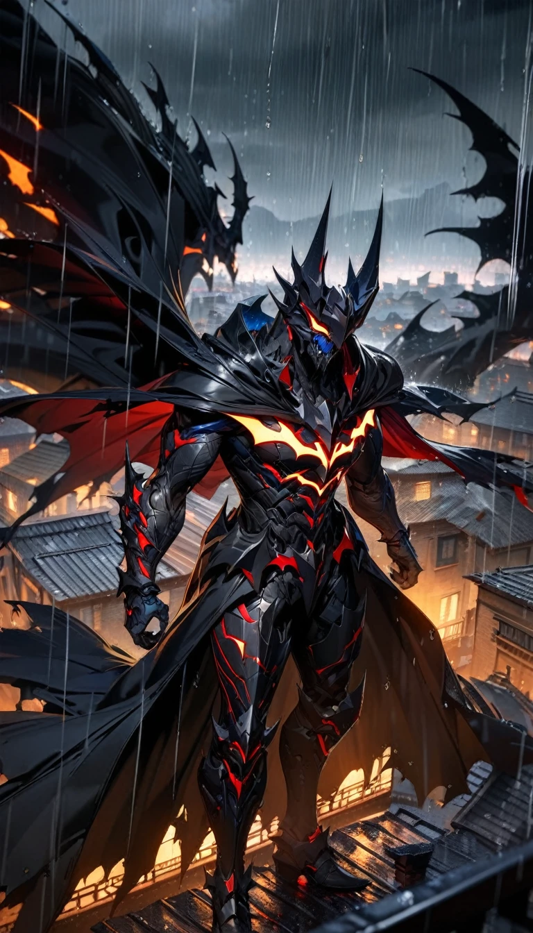 adult guy, short black hair, blue eyes, Dark Knight form, Batman form, cape, rain, roof tops, Masterpiece, best quality, Full HD, 8k, ultra details, great graphic