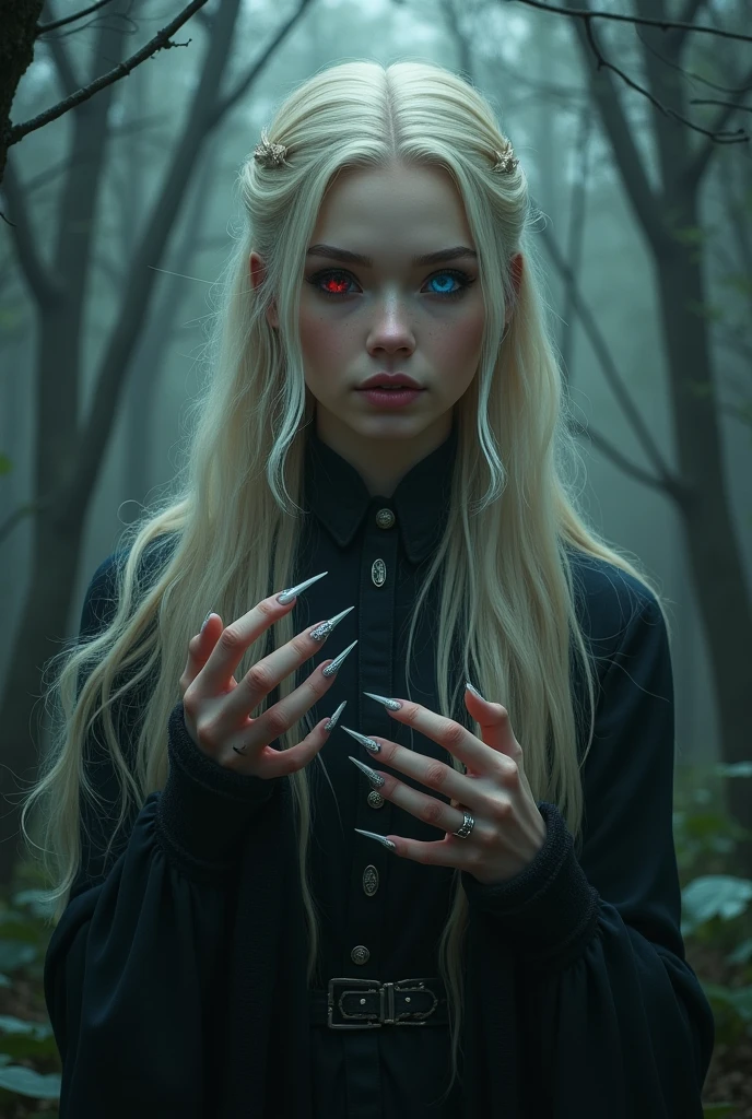 uma jovem de 20 anos, blonde, angelic face one intense blue eye and the other red, with claws in his hands and fangs in a dark forest