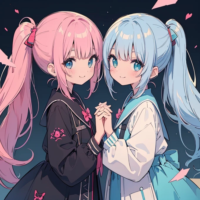 (aquarium)、Summer clothes、Holding hands、cute、16Year、
delicate、masterpiece、Highest quality、2 peopleの、2 peopleだけ、2 people、(((cute、Pink Hair、Long Hair、Twin tails,distinct eyes、haveは無し)))、(((cute、Silver Hair、Side Tail、High ponytail on the left、have)))、Flat Color、2 peopleとも正面を向いている、Sparkling eyes sketch(flying debris), (Highest quality), Very detailed, ((1 person)), Focus Only,dynamic,((smile)),Perfect Face, Beautiful Face, Very detailedな顔,