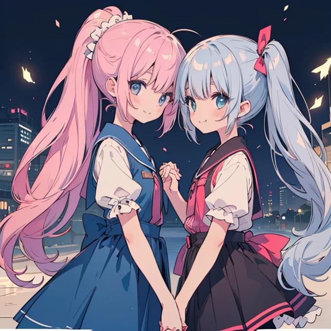 (aquarium)、Summer clothes、Holding hands、cute、16Year、
delicate、masterpiece、Highest quality、2 peopleの、2 peopleだけ、2 people、(((cute、Pink Hair、Long Hair、Twin tails,distinct eyes、haveは無し)))、(((cute、Silver Hair、Side Tail、High ponytail on the left、have)))、Flat Color、2 peopleとも正面を向いている、Sparkling eyes sketch(flying debris), (Highest quality), Very detailed, ((1 person)), Focus Only,dynamic,((smile)),Perfect Face, Beautiful Face, Very detailedな顔,