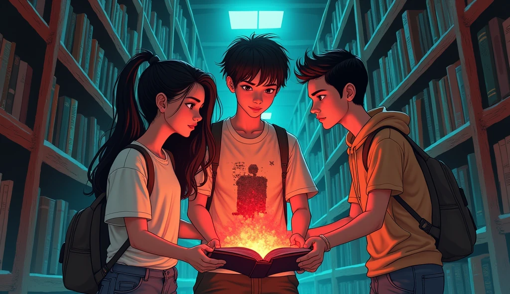 2D Manga style, An old, dusty library in a Thai university, with a group of four friends,
Nok: A young Thai woman with long, straight black hair tied in a ponytail, wearing a simple blouse and jeans. She has a soft, round face with large, expressive brown eyes. The setting is a university campus, and she exudes a determined and curious demeanor.
Nok
"A young Thai woman with long, straight black hair tied in a ponytail, wearing a simple blouse and jeans. She has a soft, round face with large, expressive brown eyes. The setting is a university campus, and she exudes a determined and curious demeanor."
Pong
"A tall, lanky young Thai man with short, slightly messy black hair, wearing a t-shirt with a quirky design and cargo pants. He has a laid-back, humorous expression but a hint of caution in his eyes. The background is a dimly lit hallway, giving a sense of his superstitious nature."
Aom
"A slender young Thai woman with shoulder-length wavy brown hair, dressed in a trendy blouse and skirt. She has an elegant, thoughtful face with almond-shaped eyes. The setting is a university library, and she appears calm and rational, exuding a sense of empathy."
Bank
"An athletic young Thai man with short-cropped hair, wearing a hoodie and track pants. He has sharp features and a confident posture, with deep-set, determined eyes. The background is a dimly lit gym, highlighting his brave and protective nature."
They standing around a mysterious red notebook. The notebook is warm to the touch, with cryptic messages written in blood-red ink. The atmosphere is eerie, with dim lighting casting long shadows across the ancient bookshelves.