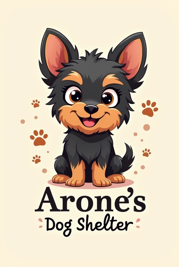 A logo of a cute black and tan yorkie for a dog shelter named "Arone's Dog shelter"