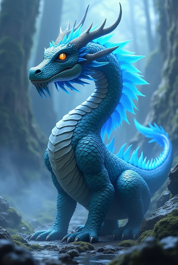 Blue scales dragon, with two legs, no horns on head, and multiple horns on tail