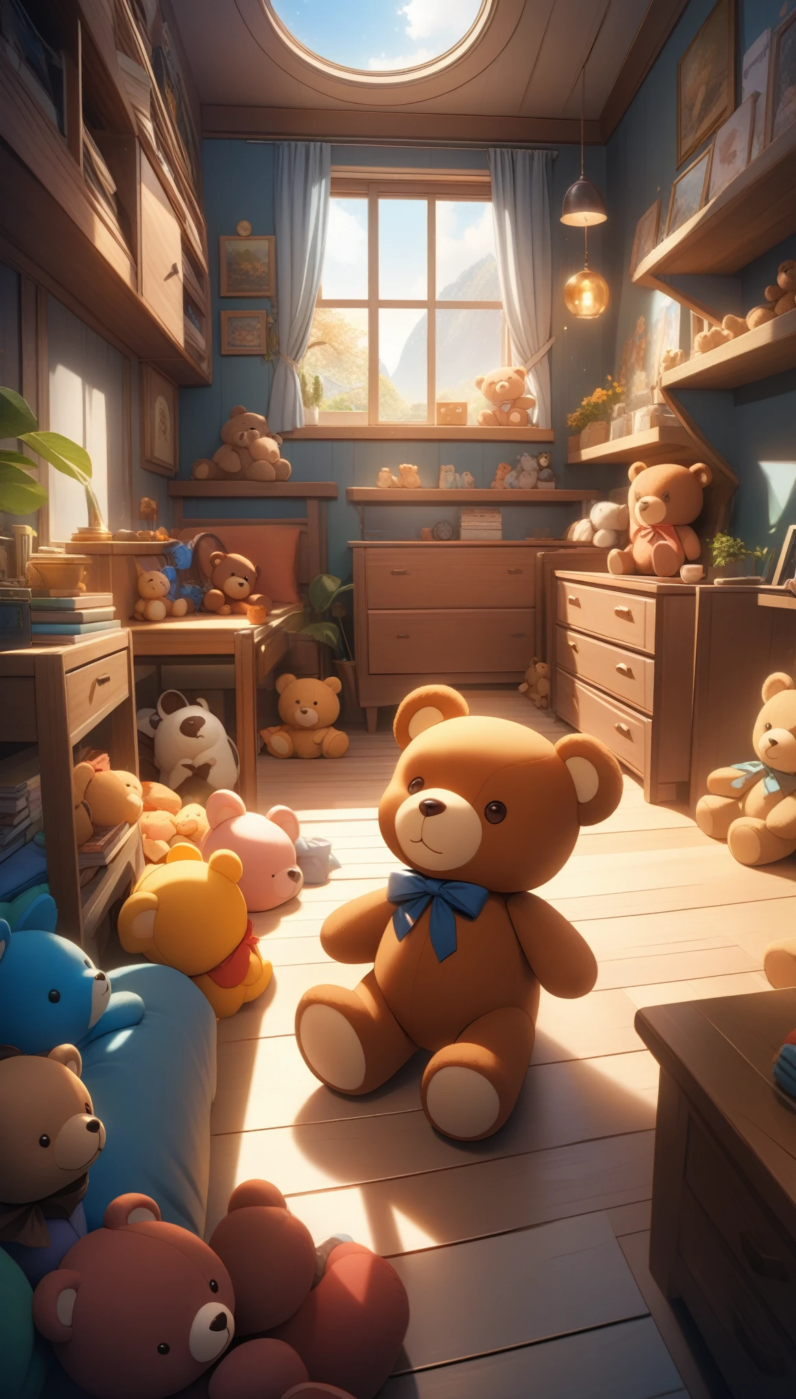 One person, hugging a teddy bear, Cute teddy bear, Lots of teddy bears, Moving happily, Cute room, ((32K)), ((best quality)), ((ultra high res)), ((HDR)), ((uhd)), ((extremely detailed CG)), ((unity 32K wallpaper)), (((illustration))),
