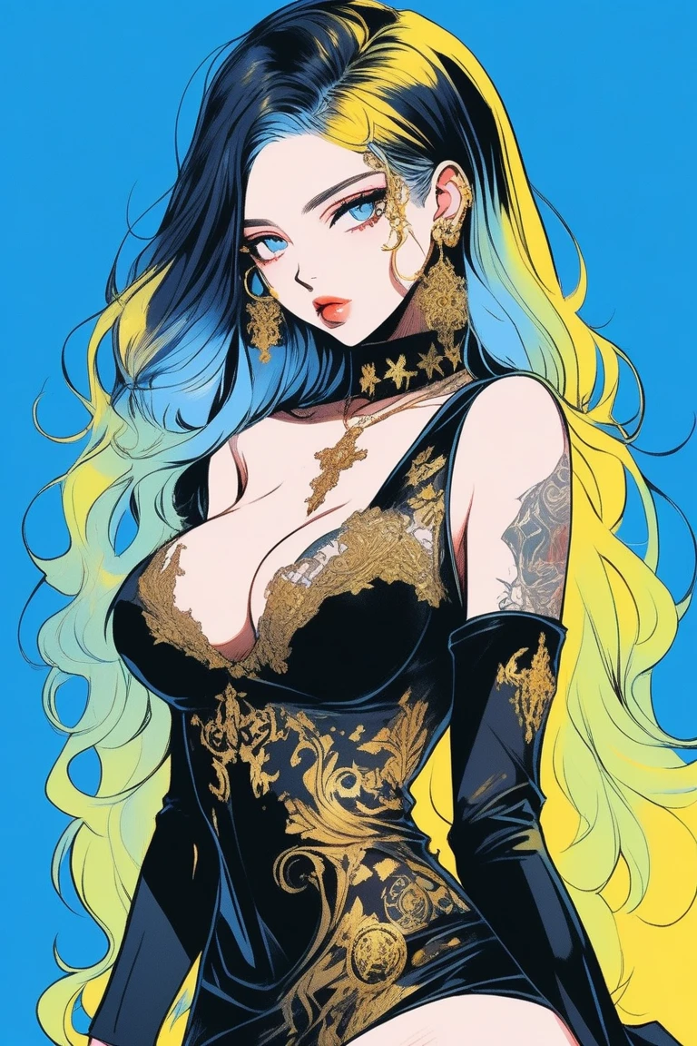 Illustrator, anime , Realistic ,sketch , 1 person, model, Age 25, lip, Sexy and revealing black and gold sheer priest mini dress(Holy Gun), order, Blue gradient background, Neon Hair, Big Breasts, Her cleavage is visible, look back, Upper Body, Sexy look, Texture Trim, Russia, (masterpiece,Highest quality)