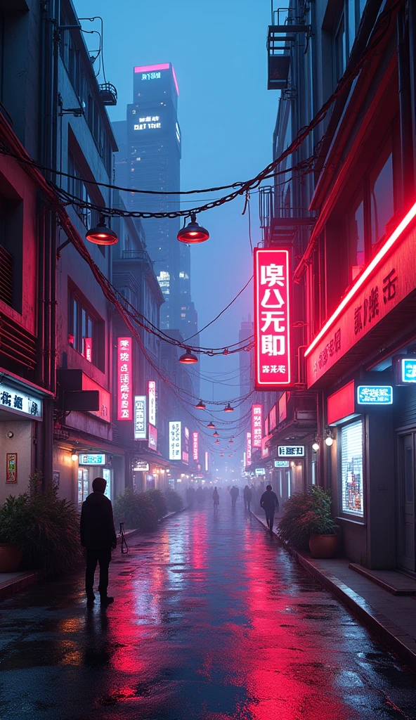 A cyberpunk city street scene with full of neon lights, and futuristic buildings, featuring a futuristic neon streetlight city (no human). The atmosphere is vibrant and bustling with people in high-tech attire, high resolution, captured in crisp detail, The background features a neon-lit cityscape, giving the cyberpunk atmosphere a touch of intimacy and tenderness, eye-level camera angle --s 500 --v 6.0 --no 3D effect, photorealistic.