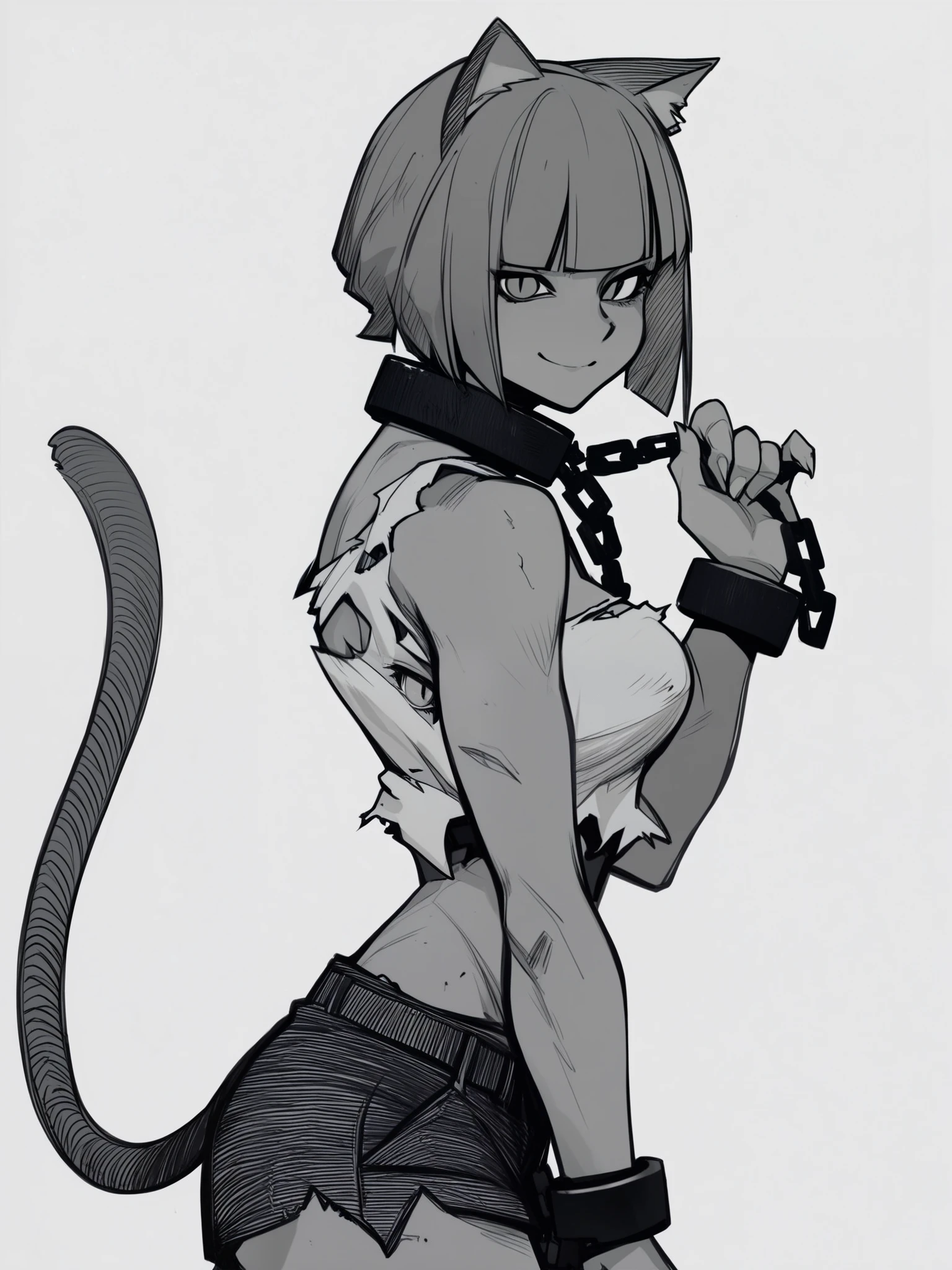 score_5_up,
1girl, monochrome, animal ears, bangs, bare shoulders, blunt bangs, bob cut, breasts, broken, broken chain, cat ears, cat girl, cat tail, chain, chained, chained wrists, closed mouth, collar, cowboy shot, crop top, cuffs, from side, grey background, hand up, looking at viewer, medium breasts, metal collar, shackles, short hair, shorts, simple background, slit pupils, smile, solo, torn clothes, white background