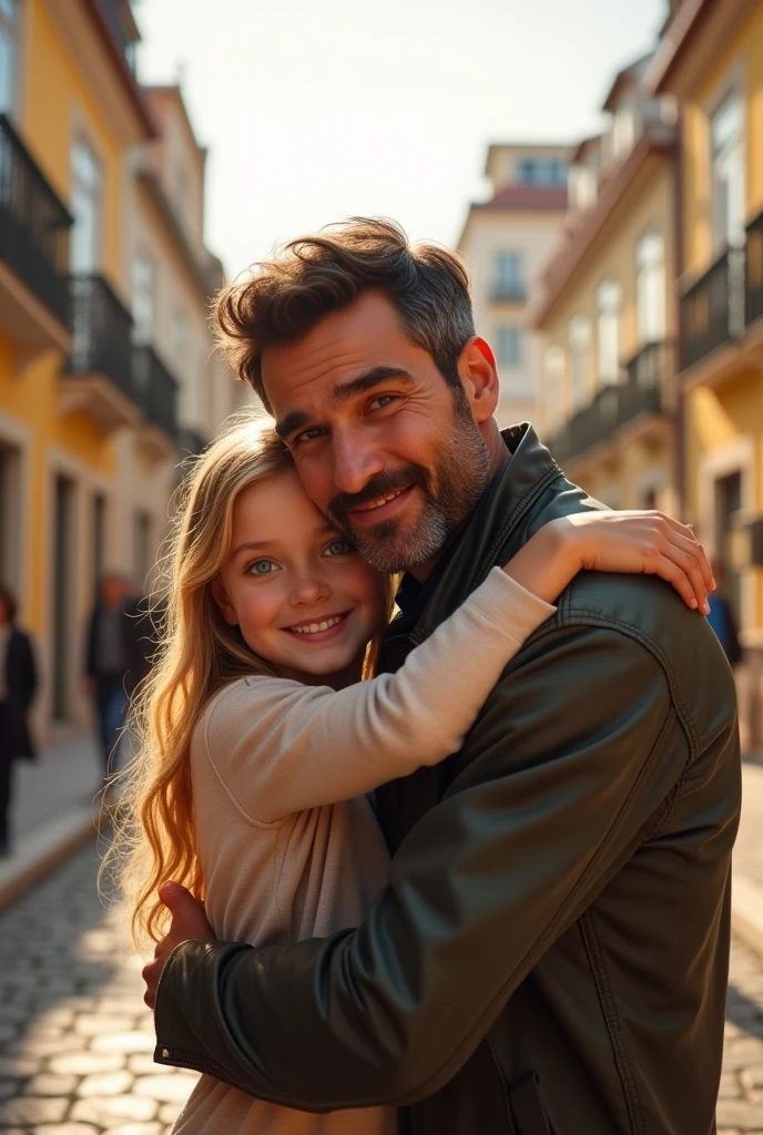 Blonde   blue eyes hugging her father dark brown hair and brown eyes taking a selfie on the streets of Lisbon 8k ultra realistic photorealistic 