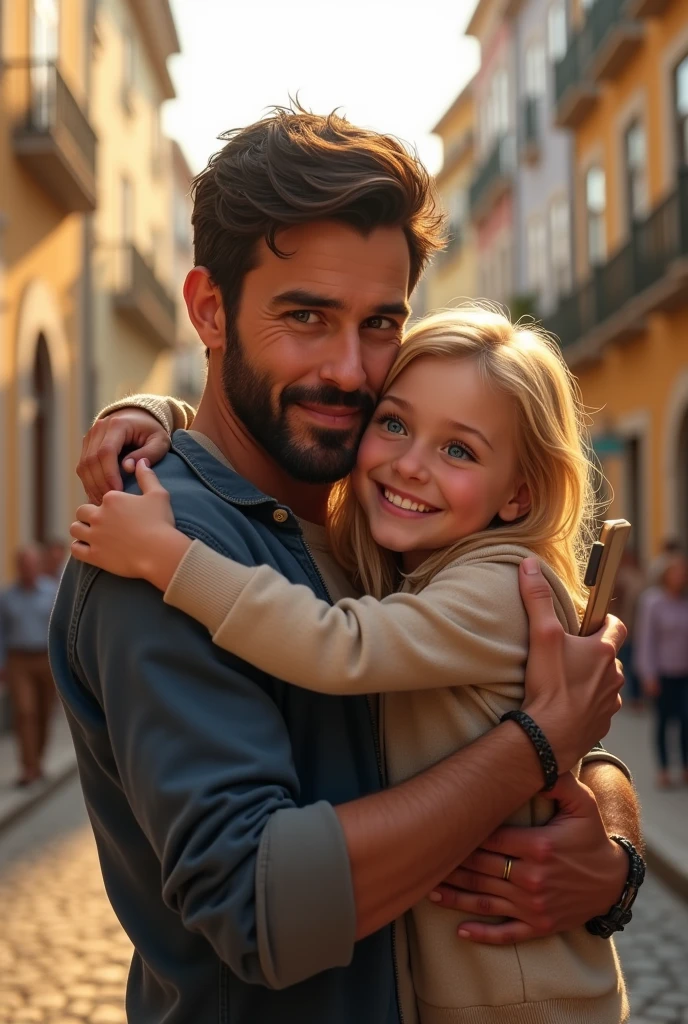 Blonde blue eyes hugging her father dark brown hair and brown eyes taking a selfie on the streets of Lisbon 8k ultra realistic photorealistic