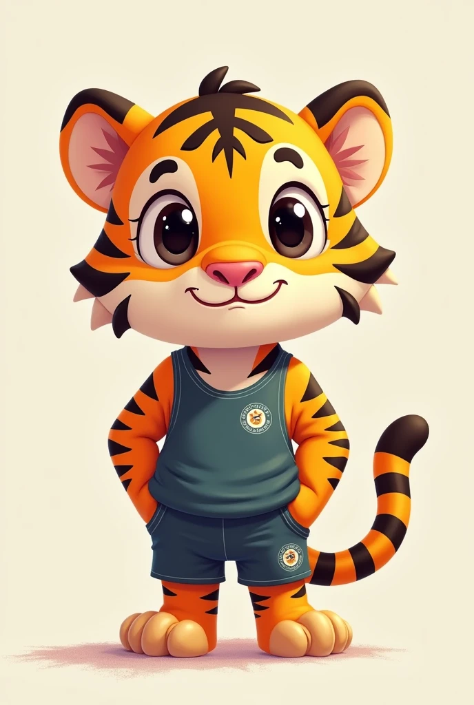 Cute animated tiger looking forward in sportswear
