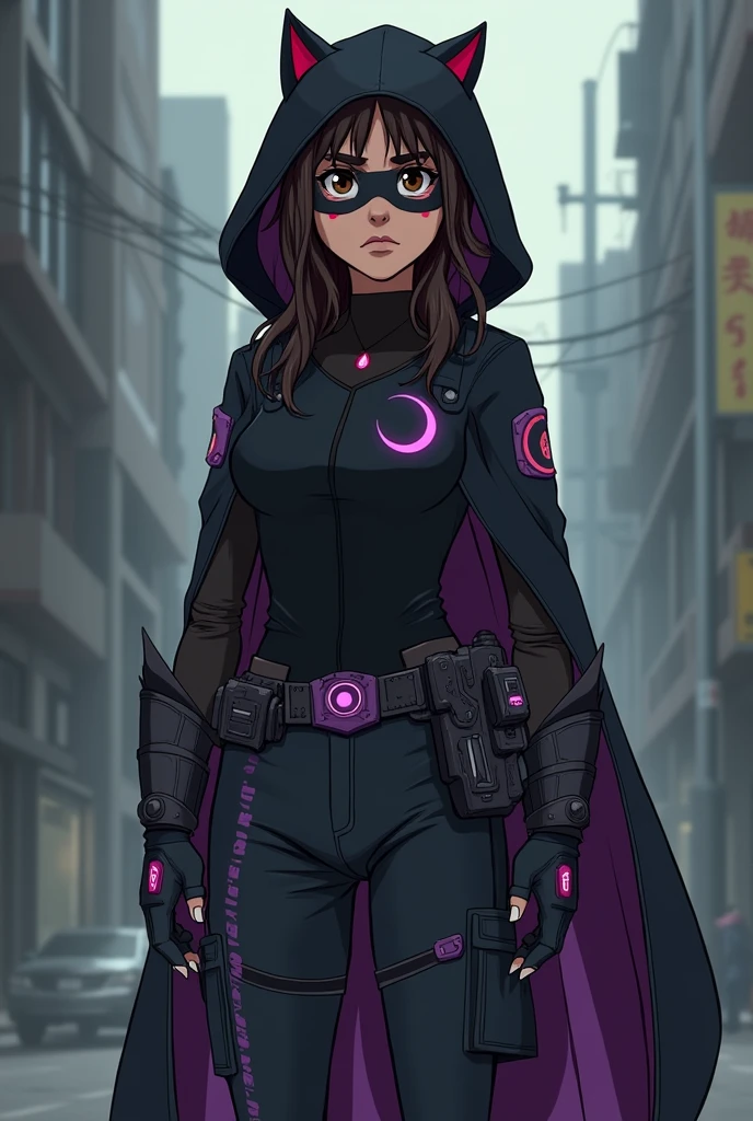 1 girl. estilo DC panel Young Justice. dark brown hair, Wavy and shaggy is a shaggy mullet style below the shoulders, tired brown eyes with dark circles, almost pale white complexion,1.65 m, slim and agile build. security guard clothing, black muscle shirt, Black oversized military pants and a comfortable colored jacket with violet details, The emblem on the chest is a lunar symbol with a drop of blood in the center., representing his gift The black hooded cloak has a dark red trim, The boots and gloves have dark red details, and the nails on the gloves look like sharp claws. The black mask has night vision lenses that appear to be like wolf eyes., on the belt, He carries tools and weapons that appear to be like medical instruments.. The entire costume seems to be like an extension of his gift.
