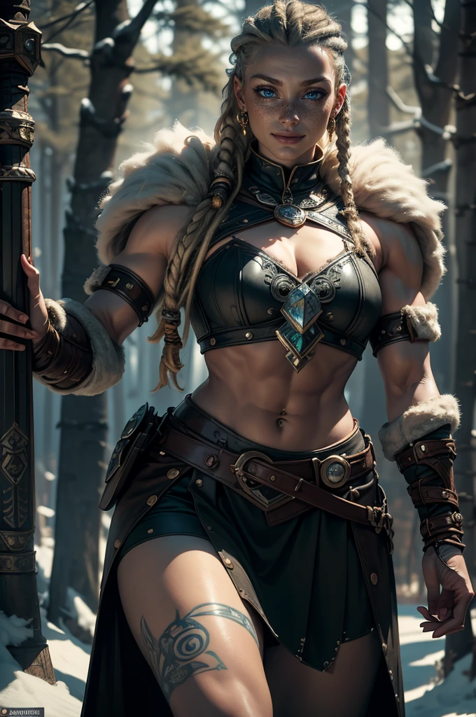 (best quality,4k,8k,highres,masterpiece:1.2),ultra-detailed, 1woman, Irish goddess Brigid, Auburn hair, Iron armor over druid robes, forging a sword, determined eyes, drawn in the style of Yoshitaka Amano, sks woman, HDR, 8k, absurdres, cinestill 800, sharp focus, add_detail:2,solo Female viking, (young:1.2), (muscular:1.2), fit, wearing brown furs and hides, (wearing furs:1.3) (blue norse tattoos:1.2), blue eyes, platinum blonde hair, (Dreadlocks:1.7), (Dreads:1.4), (Sideshave:1.6), warrior hair, Setting is a Scandinavian forest in winter, snow, bare arms, exposed naval, (abs:1.2). Highly detailed, norse, berserker, arm muscles, leg muscles, (bulky:1.2), leather straps, (large breasts:1.3), waist up, wide waist, stocky, (tall:1.4),(masterpiece:1.1), (best quality:1.1), (ornate:1.1), (monochrome:1.3), (black and white:1.3), BREAK, (horror:1.0), (esoteric:1.1), (watercolor:1.0), BREAK, (solo:1.4), (dynamic angle:1.0), (cowboy shot:1.0), (woman:1.1), (white tunic:1.0), (armor:1.2), (shoulder armor:1.1), (gauntlets:1.0), (large breasts:1.0),Elsa ( frozen ) with tattoos, Photorealistic,Photo of elsa as a girl characterized by her striking Platinum blonde hair, blue eyes, intricately adorned with a frozen collection of tattoos that reflect her connection to the raw and powerful world of metalcore. Explore her distinct fashion choices and how her tattoos contribute to her overall rebellious and fearless aura. Dive deep into the details to bring this edgy, metalcore-inspired character to life, she is wearing green skirt and green crop top
