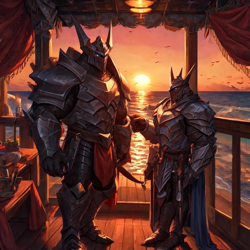 Muscular Knight, Mordekaiser, dating with a guy on the ferry ship, sunset, couple