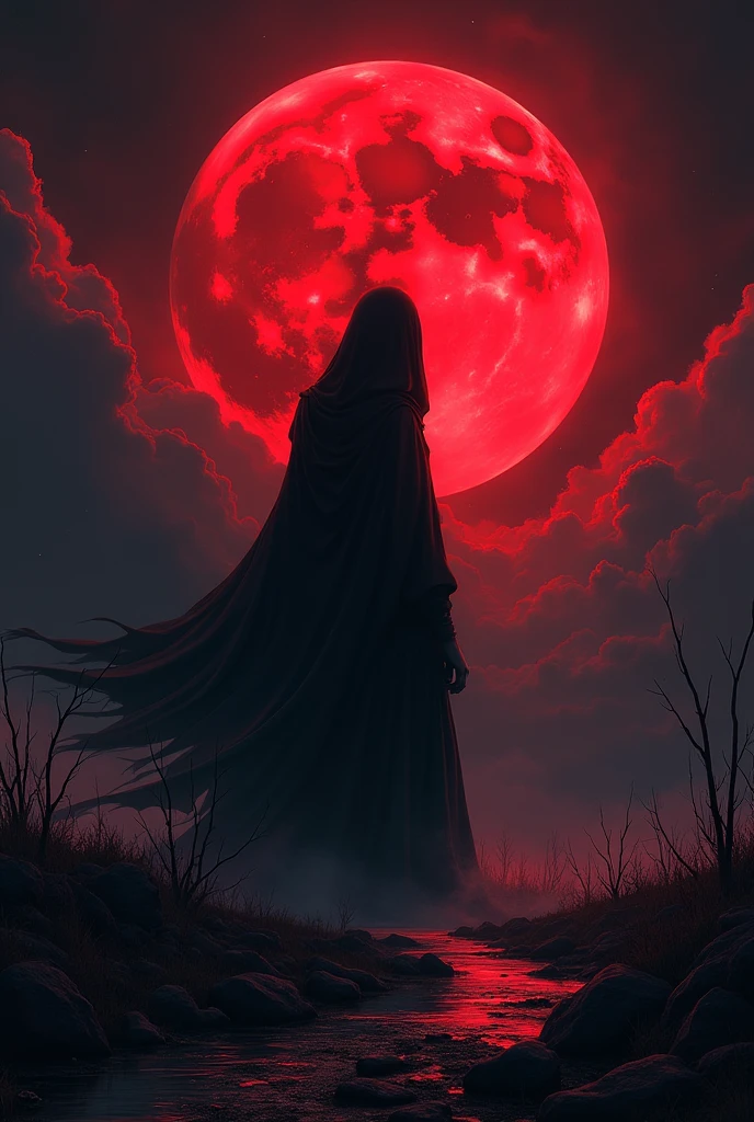 a ghostly figure in a dark moonlit landscape, red moon, black and red color scheme, 2D digital art, anime style, highly detailed, cinematic lighting, dramatic atmosphere, intricate background, surreal elements, striking contrast, masterful composition, vibrant colors, otherworldly ambiance, haunting and ethereal, impeccable rendering, breathtaking visuals