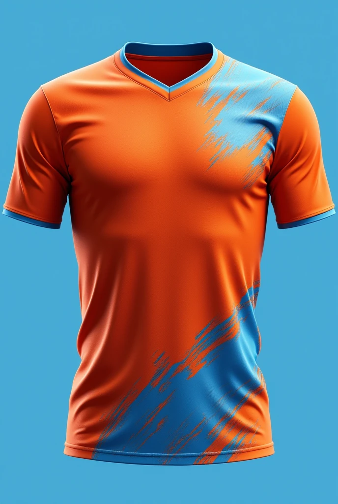 Make a sports jersey of kesariya colour having only  sky blue 
colour pattern design 
