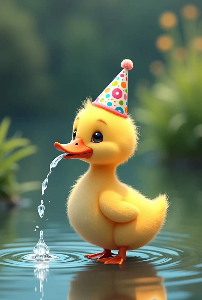 generate an image of a duckling in profile in the pond, he is spitting water from his beak upwards. The duck wears a birthday hat
