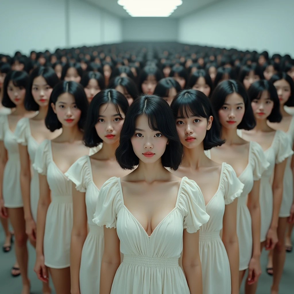 (((((Japanese Clone girls=Myself)))))), (((Best Super High quality Myself Clone girls Raw Photography Art))), (16K, Highest quality, Ultra-high resolution, RAW Photos), (((It's so unrealistic., With unparalleled depiction, With an unfathomable sight, An unprecedented and shocking worldview, Clone girls in a world of mass reproduction, Ultra-realistic))), (((Japanese, woman, 20yo, Saito-Asuka))), (Small face, ((Thick black hair, Semi-long hair))), ((V-neck short-sleeve dress)), (((((Very detailed美しい女体, Accurate body structure, Very detailed完璧な, Super busty body with very large breasts, Clearly emphasizes cleavage))))), (((Dark Eyes, Mature face, Cute Smile, A gentle gaze))), (((Her happy and smiling expression is so cute))), ((((((((Very detailed分身増殖描写, ((1girl→Myself cloning→1,000,000,000,000,000,000,000,000,000,000,000,000,000,000,000,000,000,000,000,000Myself Clone girls)))))))))), ((((((((Very detailed, The precise depiction of the proliferation of Myself Clone girls, ((With the perfectly identical bodies of Myself clone girls, With the exact same face as the Myself clone girls, With the exact same hairstyle as the Myself clone girls, In the exact same clothes as the girls who are my clones, Perfectly the same height as the Myself clone girls, Super big breasts, just like the Myself clone girls)))))))))), (((Myself clone girls only))), (((Multiple pairs, Very detailed depiction, (A group of Myself clone girls hugging each other, A large gathering of Myself clone girls, Fun conversation with the crowd of Myself clone girls, Happy conversation with the crowd of Myself clone girls, Myself clone girls holding hands, Multiple Myself clone girls walking together in a crowd, turn around, look at me, The approaching crowd of Myself)))), (((Everyone looks at the camera))), (((Unbelievably crowded, Transcendent Myself clone girls intimately, Countless Myself clone girls surround you in 360 degrees))), (Bright, soft sunlight), (((Very wide field of view, Very detailed, Detailed ultra-perspective depiction with clear depth, super wide view))), (((((A place where multiple Myself armies join together))))), (((Very photographic and detailed depiction, Myself clone girls will multiply infinitely and fill the surroundings from one side to the horizon with their bodies tightly packed together without any gaps., A scene of endless Myself clone girls, giving a happy vibe.))), (Focus on the average value of the image)