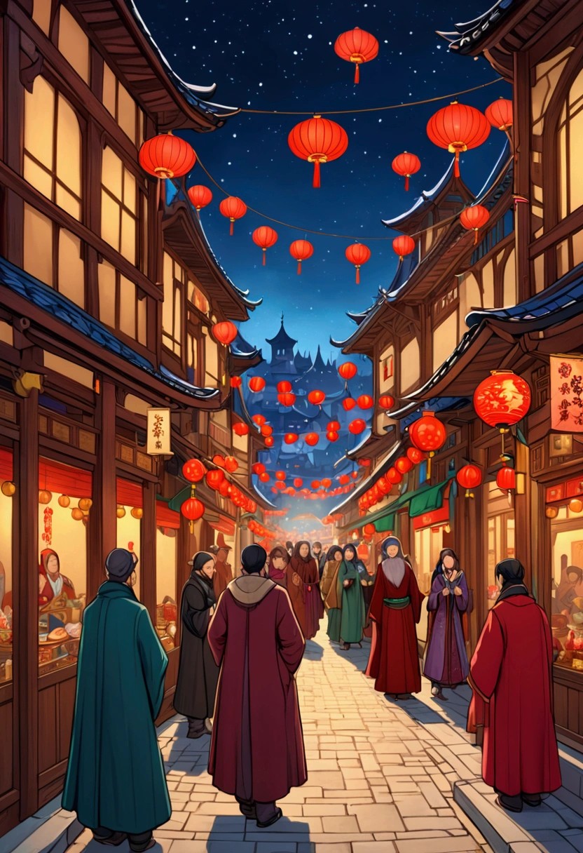 Street picture in CG game, Full of Chinese elements，The Lunar New Year is just around the corner，The festive atmosphere is strong, it's nighttime, The streets are crowded, medieval time, Symbolic figurative landscapes, Organic Art Nouveau, Saturated pigments