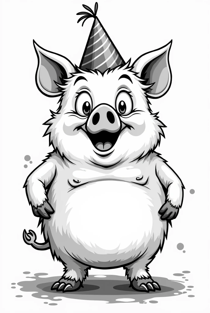 A cartoon style pig, which is dirty and has a party hit, In black and white