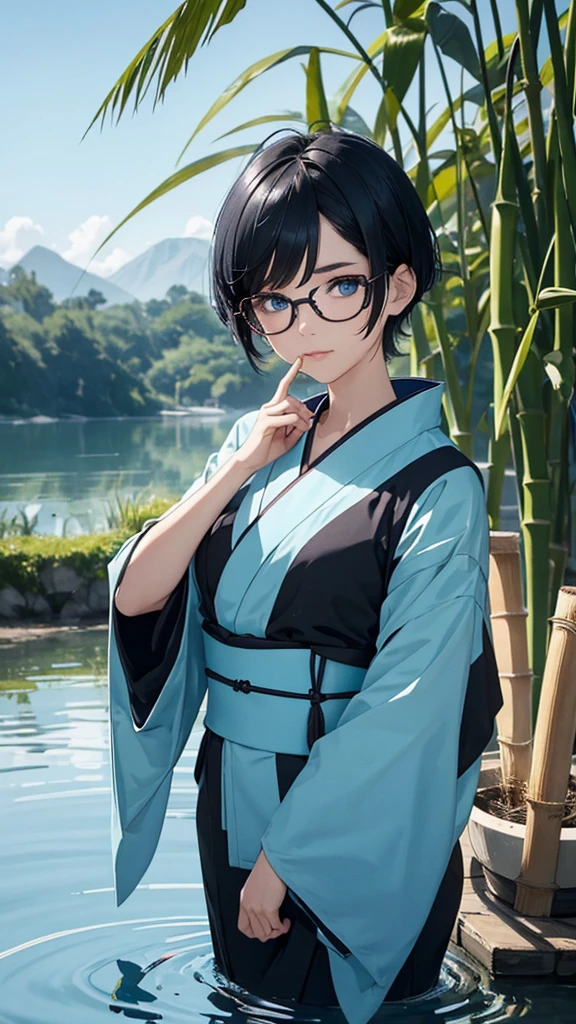 Make a character with short black hair, blue colored eyes,with a kimono half blue with green,in a lake next to sea plants,the night, manipulating water with one hand, Rectangular red glasses, holding a bamboo flute