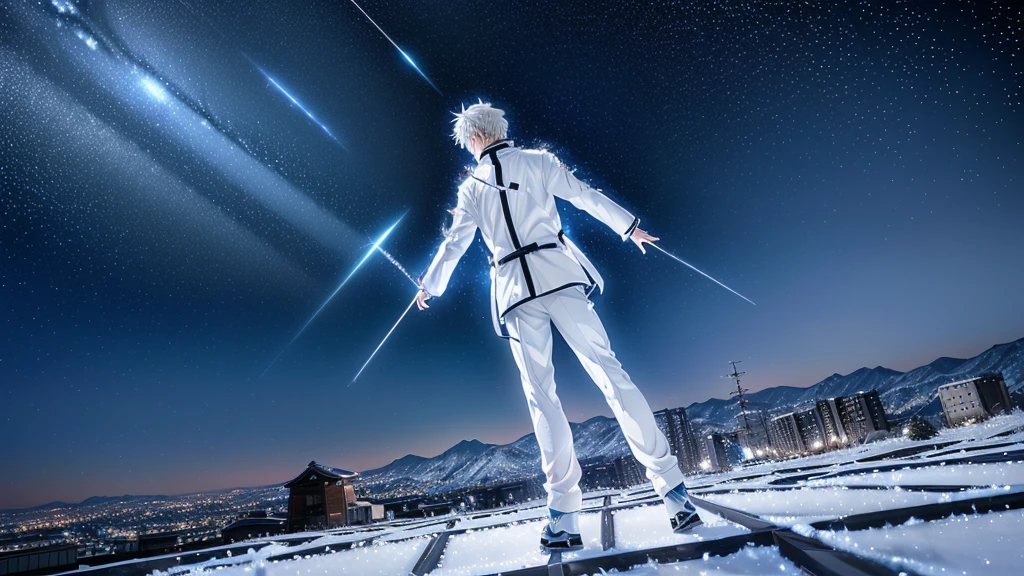 Japanese anime, Boys, alone, Silvery-white hair, White glass fragments, crystallization, Night Sky, Winter Night, Starry Sky, Meteor crossing, alone, Be quiet, Rendering, best quality, masterpiece, whole body, Particle light effects, Rendering