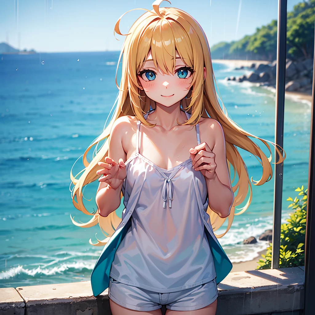 smile、Ahoge、Teal blue eyes、Blonde Long Hair、alone、in the rain、Sea view、White camisole、Light blue hot pants、Holding McDonald&#39;s fries in hand