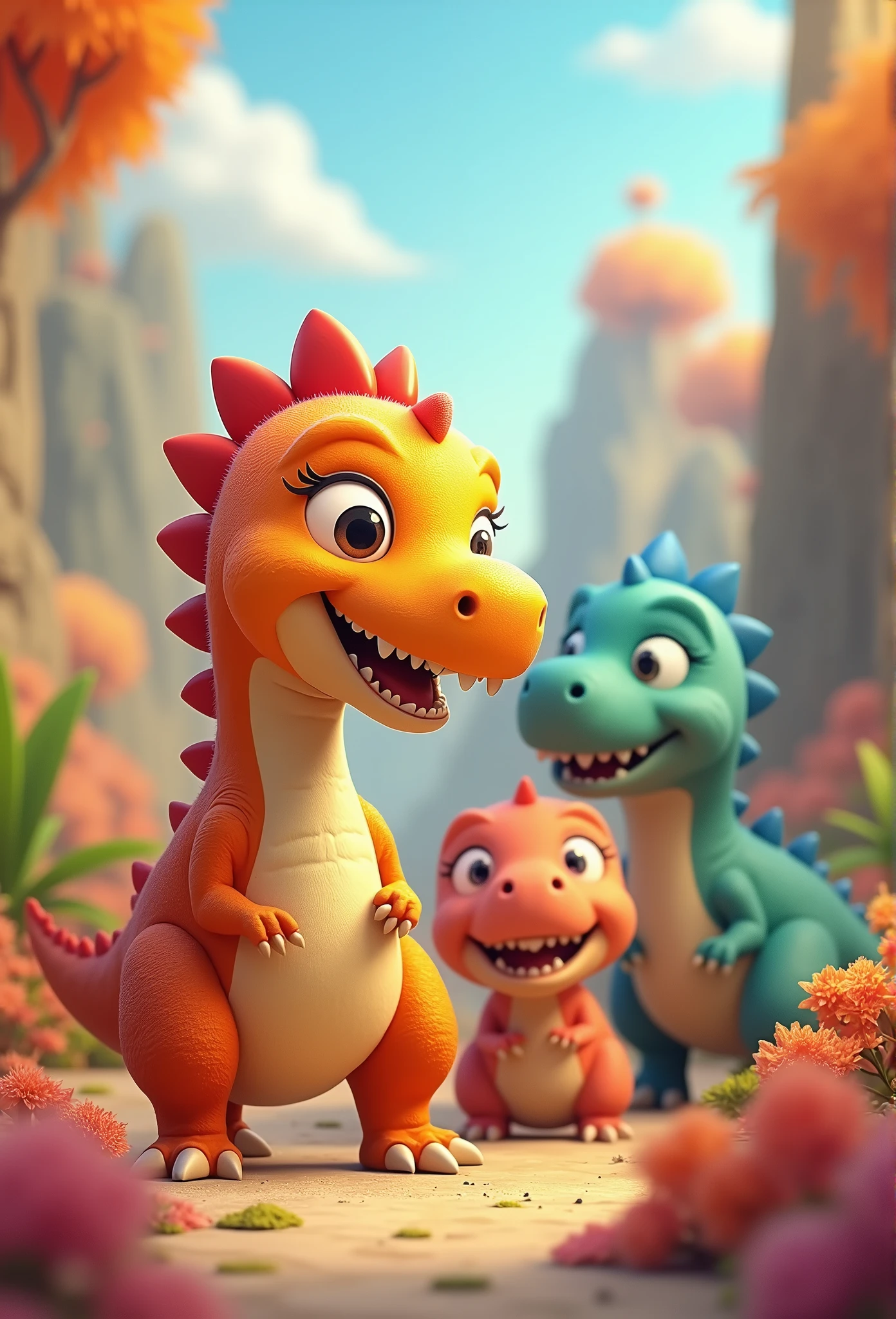 Cute dinosaurs,Colorful animations,illustration,playful,detailed creature,friendly expressions,vibrant colors,Interactive works of art,dynamic poses,artistic interpretation,Fun and engaging,A high resolution,ultra detailed,physically based rendering,Living personality,Expressive facial and ocular features,dynamic movements,Interesting environment,Animation Features,imaginative landscape,Evoke the joy of a child,Color palette,soft and rounded shapes,Dynamic lighting and shadows.,vivid tones,bokeh effect,Cheerful and whimsical,lovely scene,masterpiece:1.2