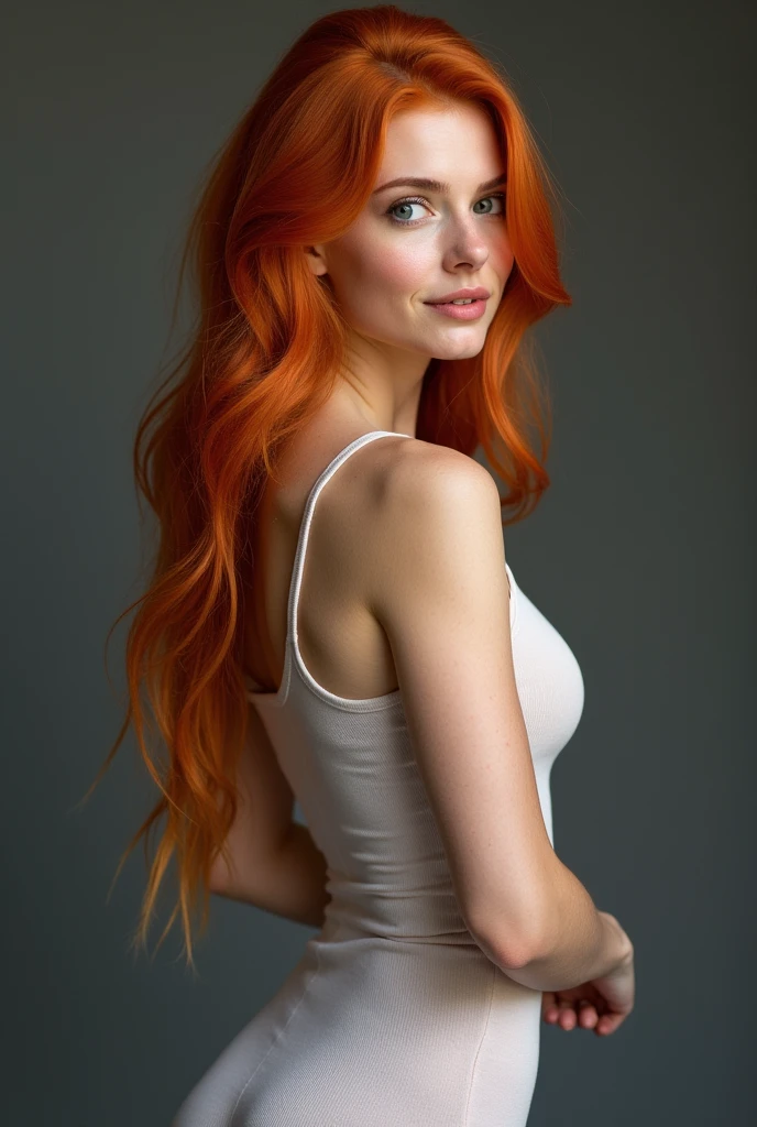 Zofia Nowacka stands confidently in a well-lit studio, her bright red hair cascading down her back like a fiery waterfall. Her porcelain skin glows under softbox lighting, highlighting the subtle blush on her cheeks. Her eyes, not described, seem to sparkle with an inner warmth as she poses, her defined arms and abdominal muscles visible beneath her fitted clothing. The camera frames her at a slight angle, emphasizing the curves of her inverted triangle figure. The subject's medium-sized lips curve into a gentle smile, inviting the viewer in.