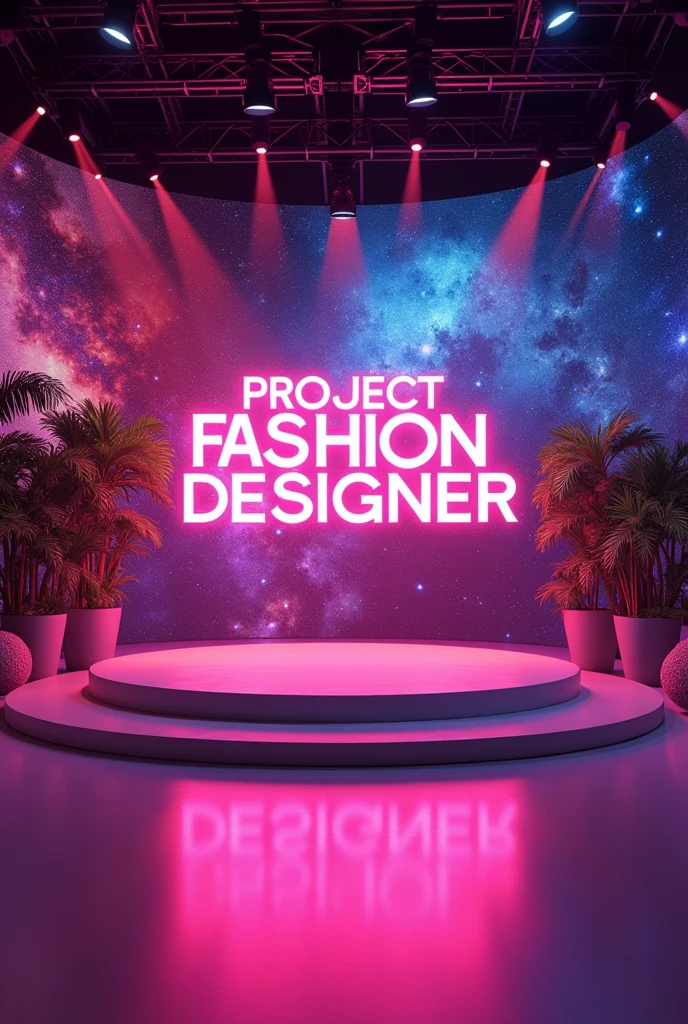 color night party big stage no audience view with a screen with the words “Project Fashion Designer” in text 3D authentic galaxy. The stage has a modern, luxurious, trendy feel, grand and splendid showing a vibrant party .There are lights and flash color night

