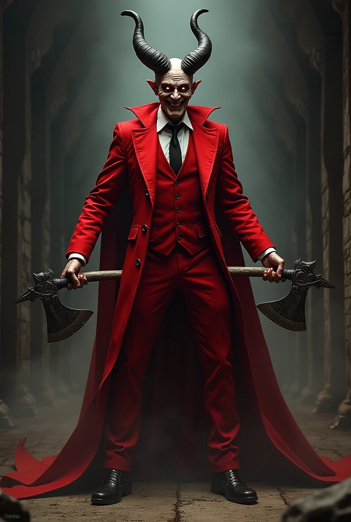 A guy in red suit, with horns , smiling has an axe in each hand