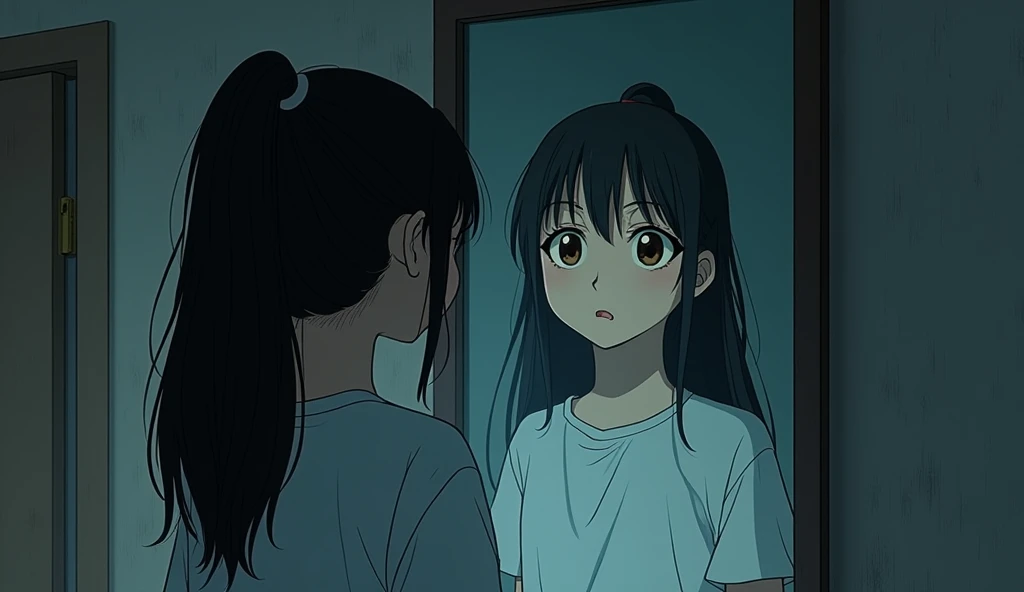 2D Manga style, A young Thai woman, Nok: A young Thai woman with long, straight black hair tied in a ponytail, wearing a simple blouse and jeans. She has a soft, round face with large, expressive brown eyes. The setting is a university campus, and she exudes a determined and curious demeanor, stares into a mirror in a dimly lit dorm room, but the reflection shows a pale, young woman with long black hair and hollow eyes instead of her own. The room is filled with a sense of dread, with faint, ghostly whispers echoing around her