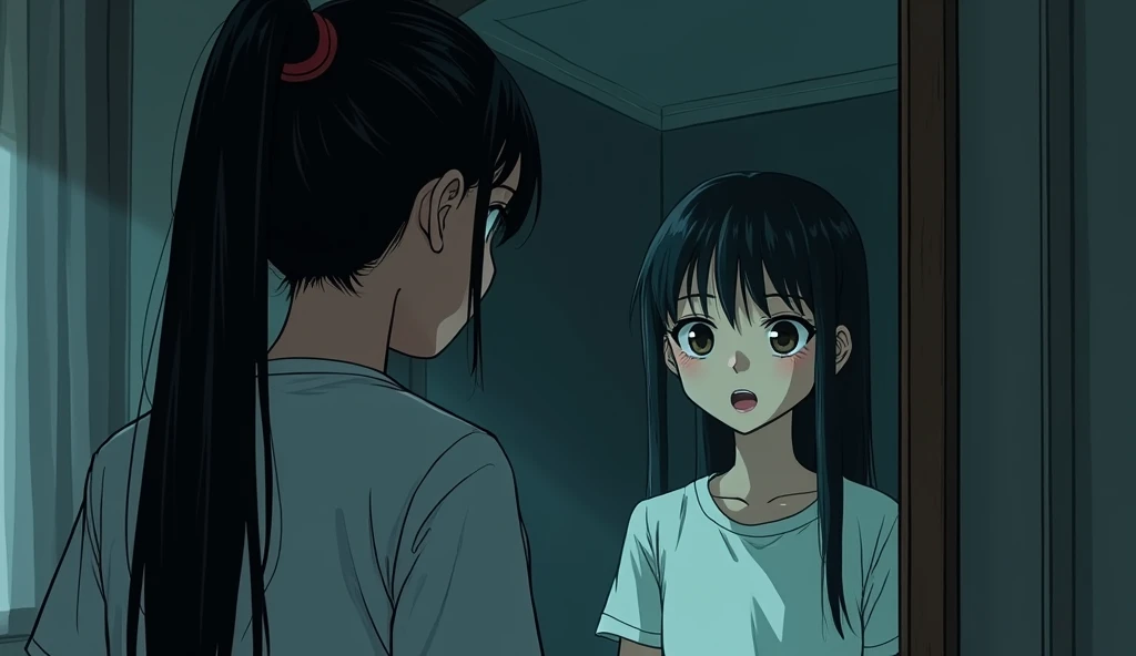 2D Manga style, A young Thai woman, Nok: A young Thai woman with long, straight black hair tied in a ponytail, wearing a simple blouse and jeans. She has a soft, round face with large, expressive brown eyes. The setting is a university campus, and she exudes a determined and curious demeanor, stares into a mirror in a dimly lit dorm room, but the reflection shows a pale, young woman with long black hair and hollow eyes instead of her own. The room is filled with a sense of dread, with faint, ghostly whispers echoing around her
