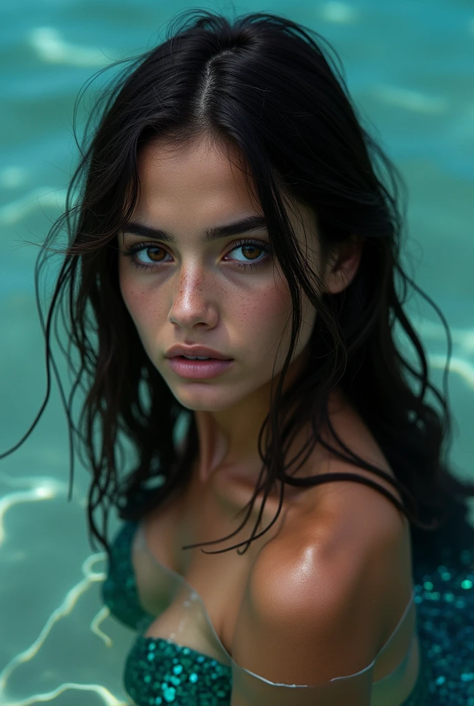 A Brazilian brunette woman with long hair, eyes browns, in the sea wearing a mermaid&#39;s tail, with a close-up capturing the harmonious beauty mysterious personality and psychopathic look
