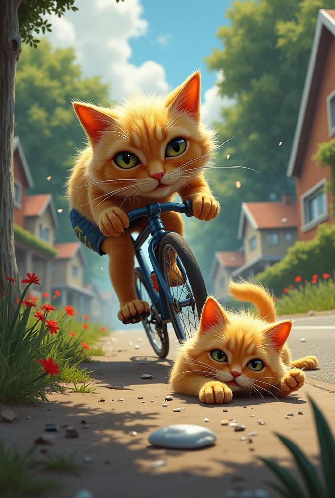 The cyclist falls, and the yellow cat and her kitten are caught in the chaos. The cat is knocked to the ground, her face showing distress, while the kitten looks frightened.